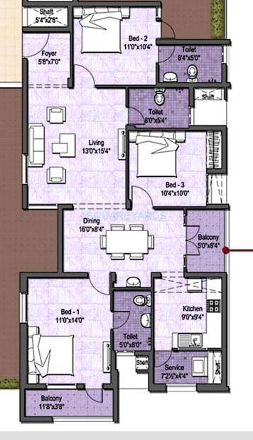 Floor plan of 3 BHK 1545 Sq. Ft. Apartment in VGN Stafford, Chennai