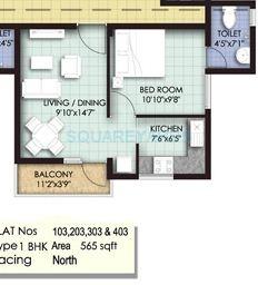 Floor plan of 1 BHK 565 Sq. Ft. Apartment in VGN Temple Town, Chennai
