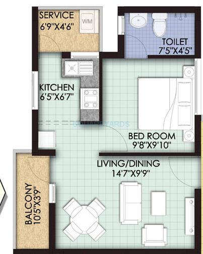 Floor plan of 1 BHK 578 Sq. Ft. Apartment in VGN Temple Town, Chennai