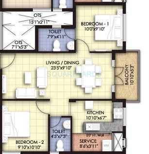 Floor plan of 2 BHK 960 Sq. Ft. Apartment in VGN Temple Town, Chennai