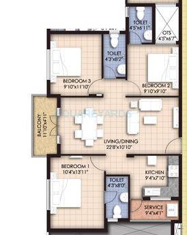 Floor plan of 3 BHK 1260 Sq. Ft. Apartment in VGN Temple Town, Chennai