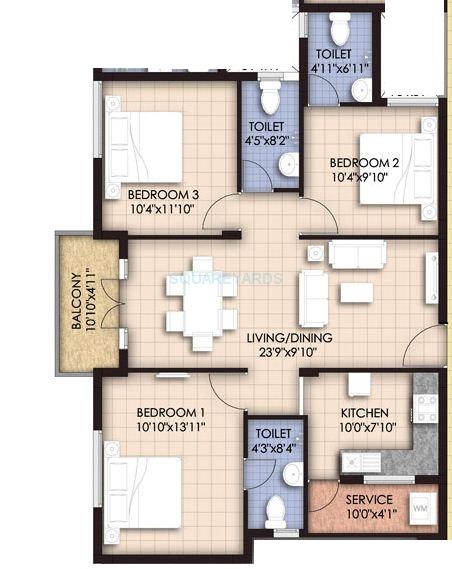 Floor plan of 3 BHK 1277 Sq. Ft. Apartment in VGN Temple Town, Chennai
