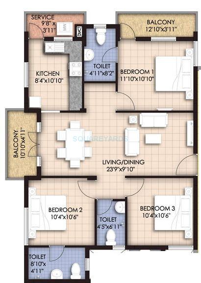 Floor plan of 3 BHK 1324 Sq. Ft. Apartment in VGN Temple Town, Chennai