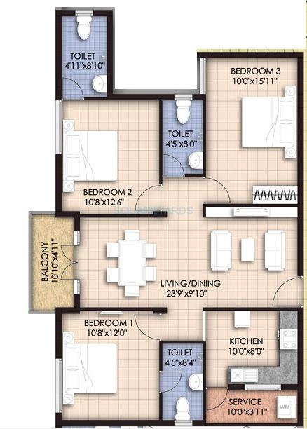 Floor plan of 3 BHK 1380 Sq. Ft. Apartment in VGN Temple Town, Chennai
