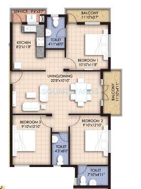 Floor plan of 3 BHK 1392 Sq. Ft. Apartment in VGN Temple Town, Chennai