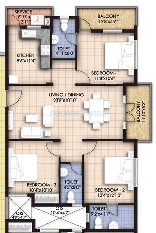 Floor plan of 3 BHK 1444 Sq. Ft. Apartment in VGN Temple Town, Chennai