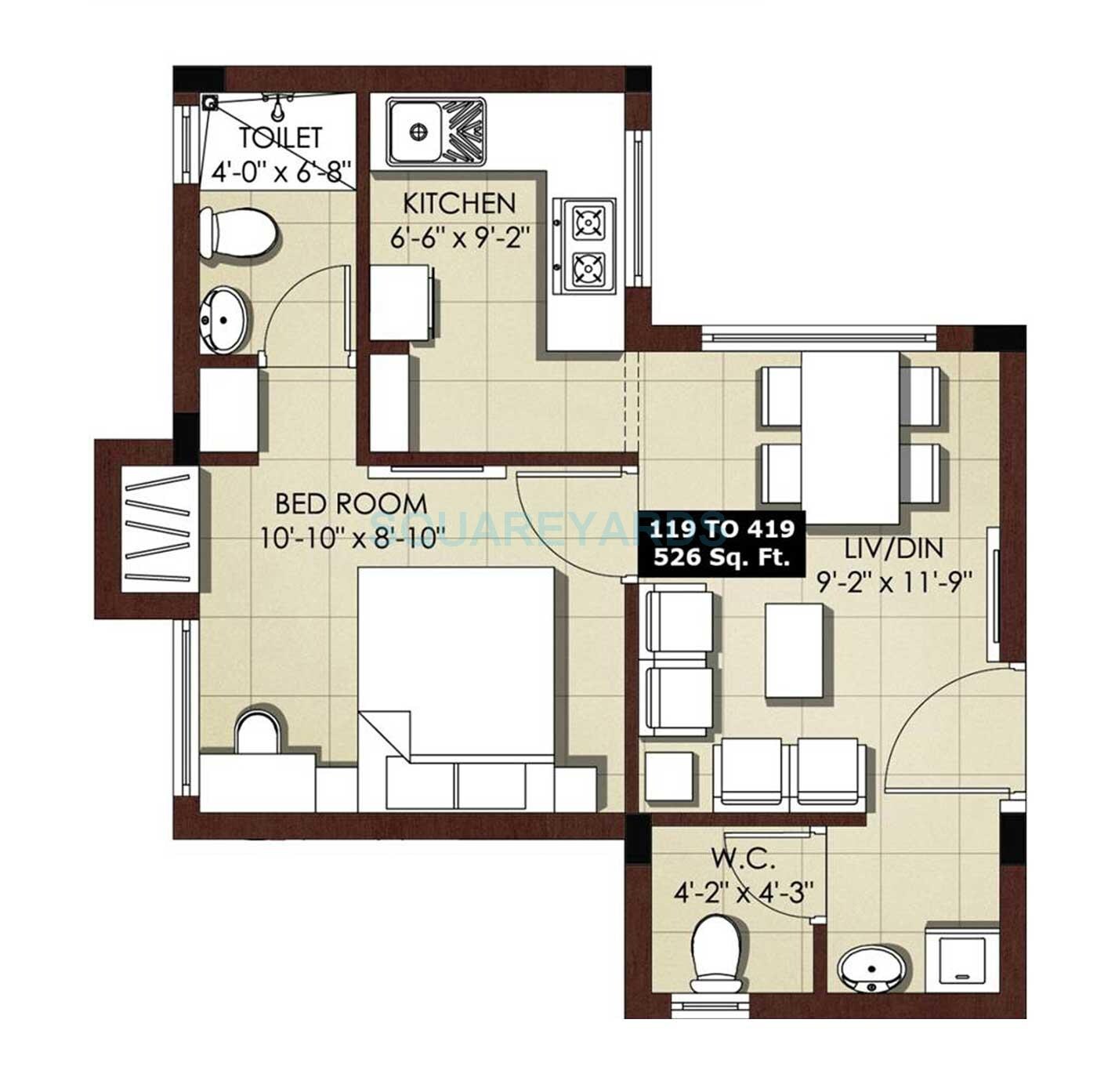 Floor plan of 1 BHK 526 Sq. Ft. Apartment in VGN Tranquil, Chennai