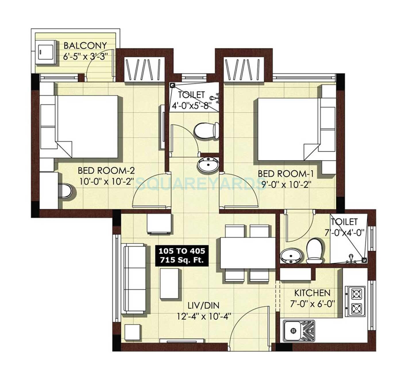 Floor plan of 2 BHK 715 Sq. Ft. Apartment in VGN Tranquil, Chennai