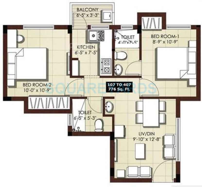 Floor plan of 2 BHK 776 Sq. Ft. Apartment in VGN Tranquil, Chennai