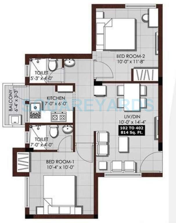 Floor plan of 2 BHK 814 Sq. Ft. Apartment in VGN Tranquil, Chennai