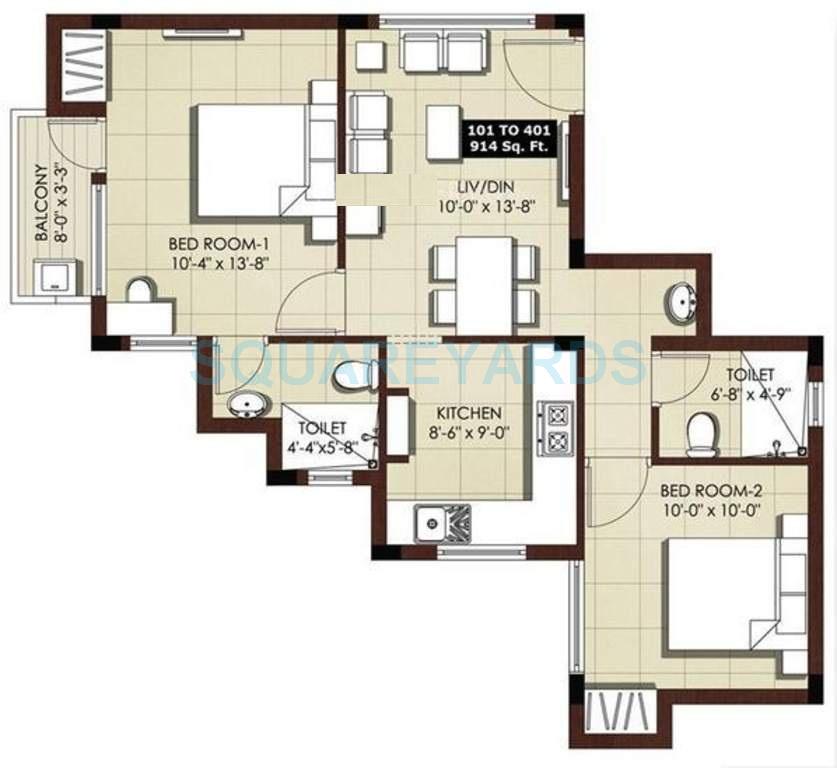 Floor plan of 2 BHK 914 Sq. Ft. Apartment in VGN Tranquil, Chennai