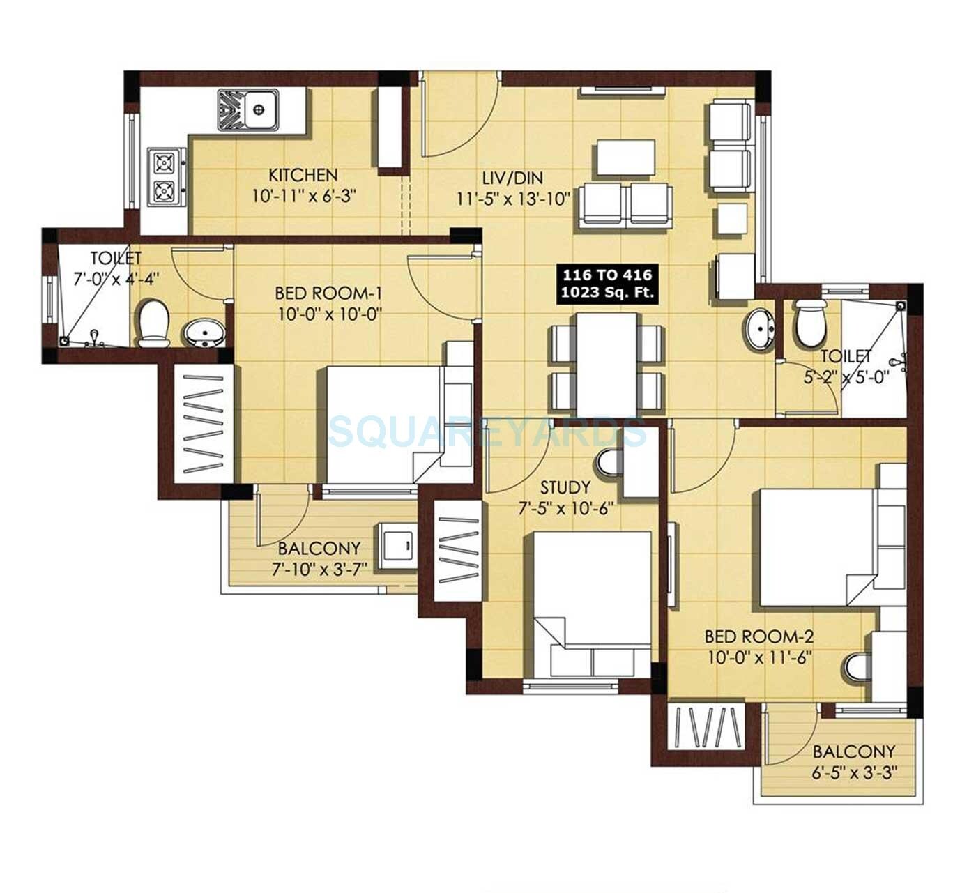Floor plan of 2 BHK 1023 Sq. Ft. Apartment in VGN Tranquil, Chennai