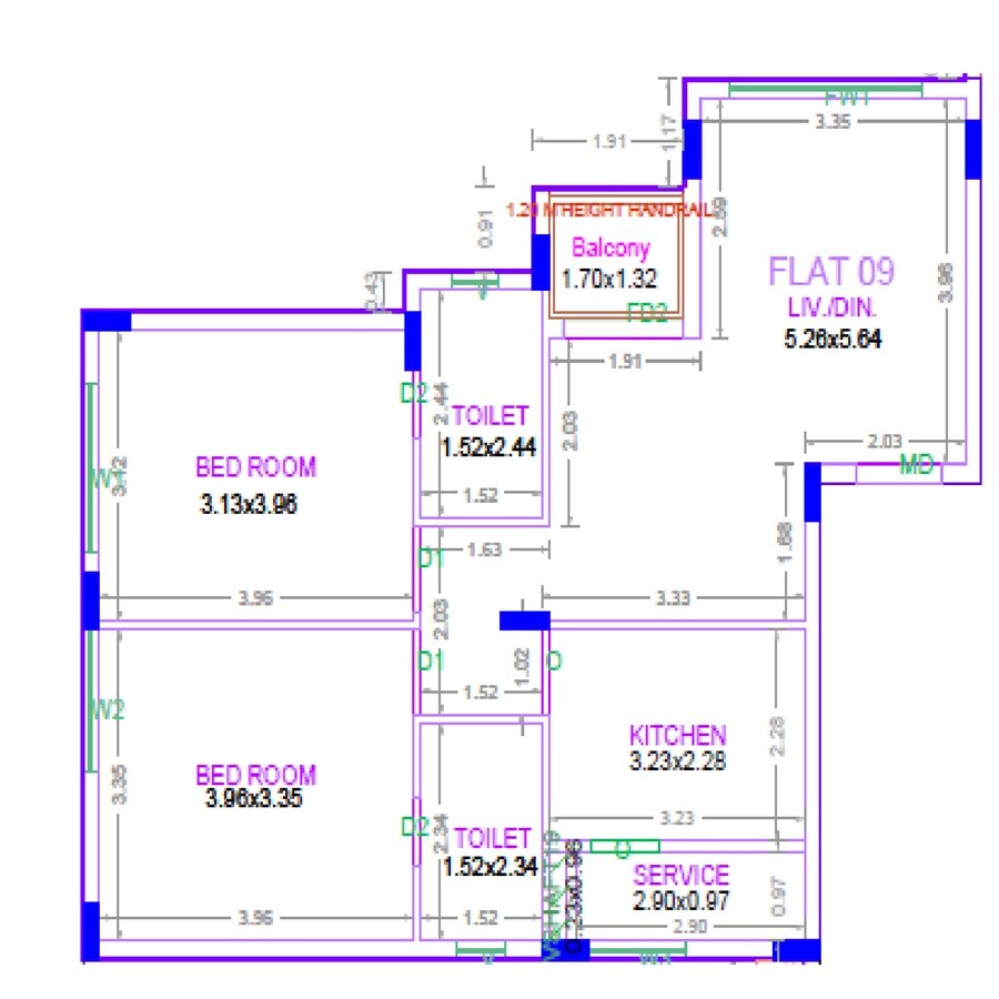 Floor plan of 2 BHK 1090 Sq. Ft. Apartment in Vibrant Viaan, Chennai