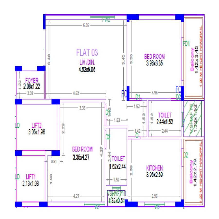 Floor plan of 2 BHK 1295 Sq. Ft. Apartment in Vibrant Viaan, Chennai