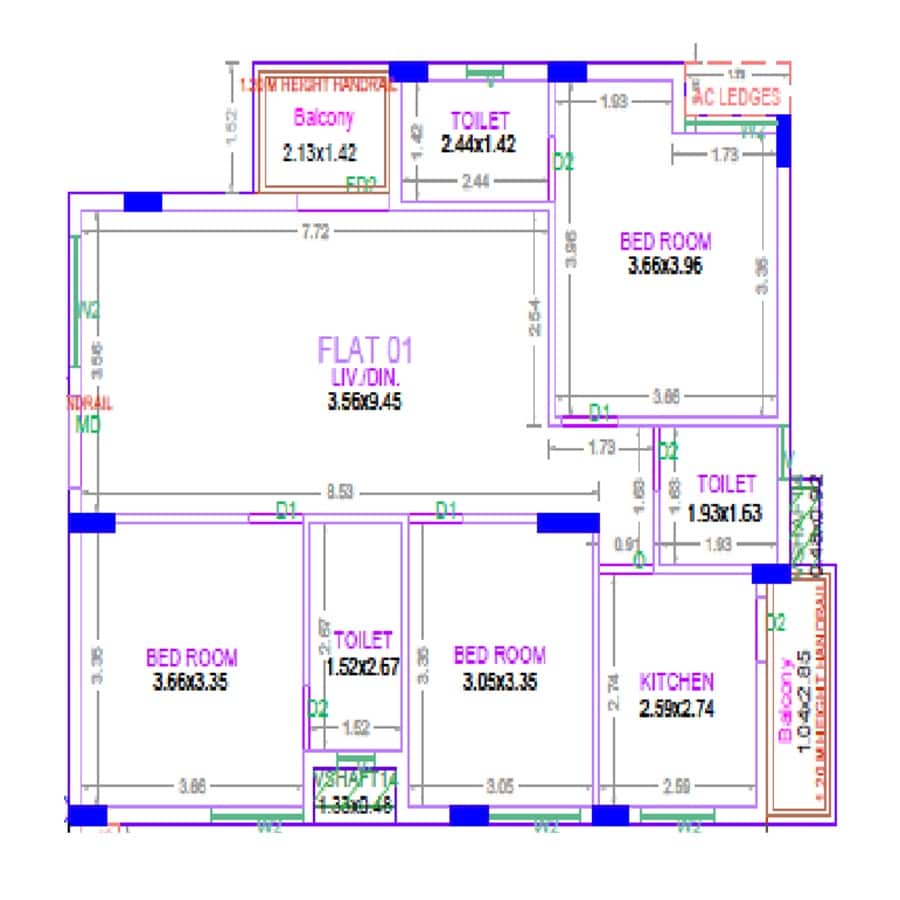 Floor plan of 3 BHK 1700 Sq. Ft. Apartment in Vibrant Viaan, Chennai