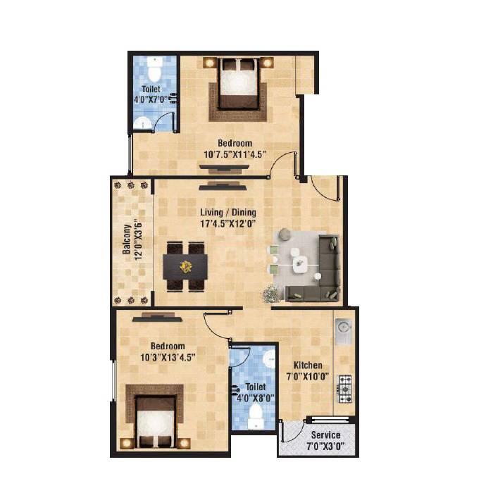 Floor plan of 2 BHK 1007 Sq. Ft. Apartment in Vijay Majestic, Chennai