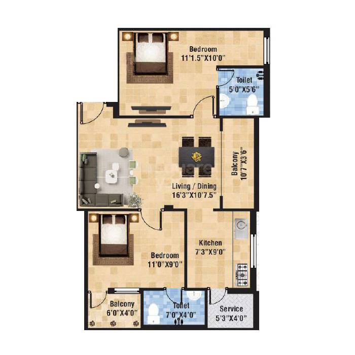 Floor plan of 2 BHK 898 Sq. Ft. Apartment in Vijay Majestic, Chennai