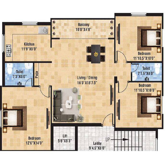 Floor plan of 3 BHK 1390 Sq. Ft. Apartment in Vijay Majestic, Chennai