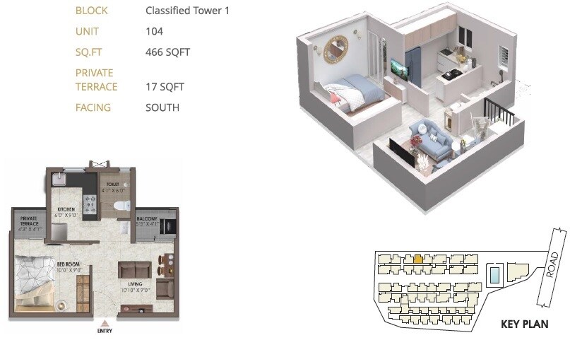 Floor plan of 1 BHK 466 Sq. Ft. Apartment in Vijay Raja VRX Fete, Chennai