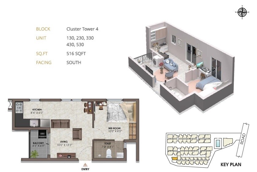 Floor plan of 1 BHK 516 Sq. Ft. Apartment in Vijay Raja VRX Fete, Chennai