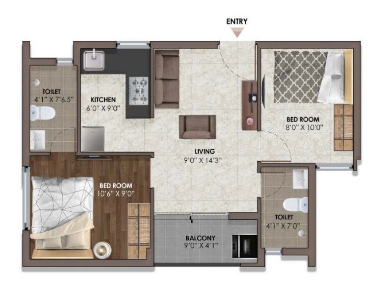 Floor plan of 2 BHK 644 Sq. Ft. Apartment in Vijay Raja VRX Fete, Chennai