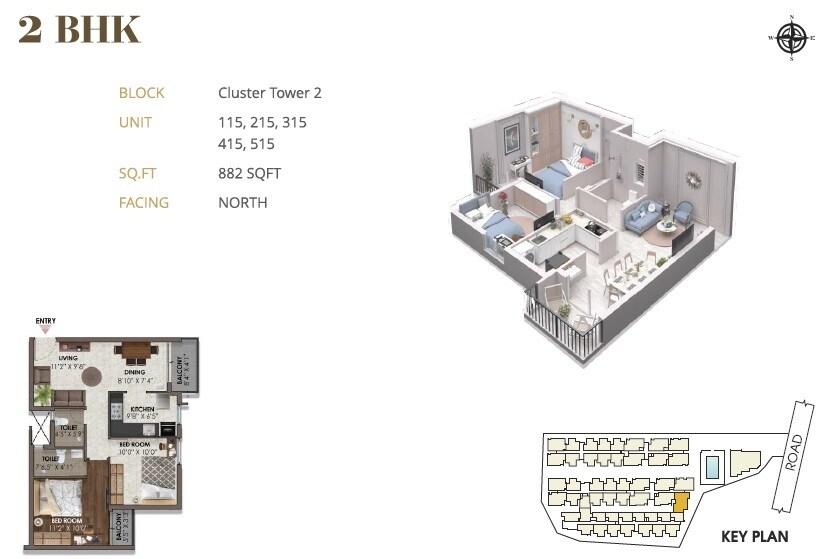 Floor plan of 2 BHK 882 Sq. Ft. Apartment in Vijay Raja VRX Fete, Chennai
