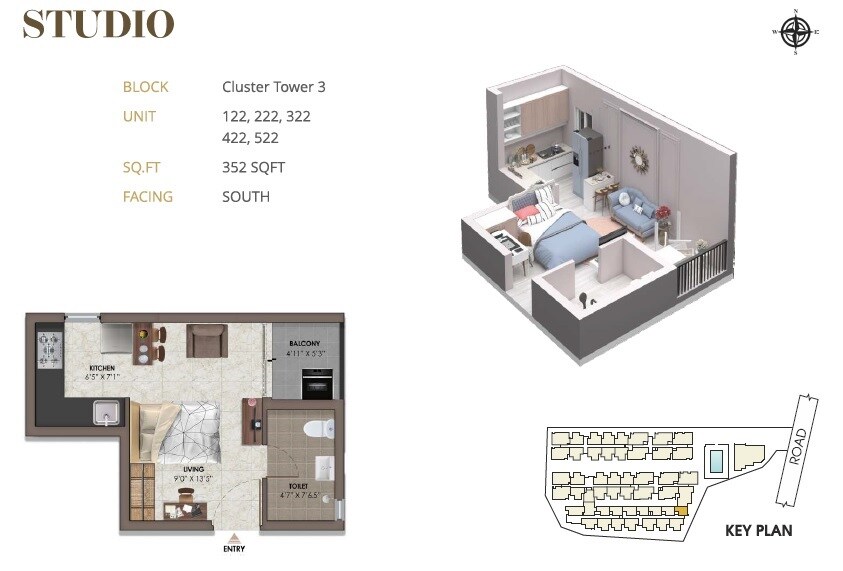 Floor plan of 352 Sq. Ft. Studio in Vijay Raja VRX Fete, Chennai