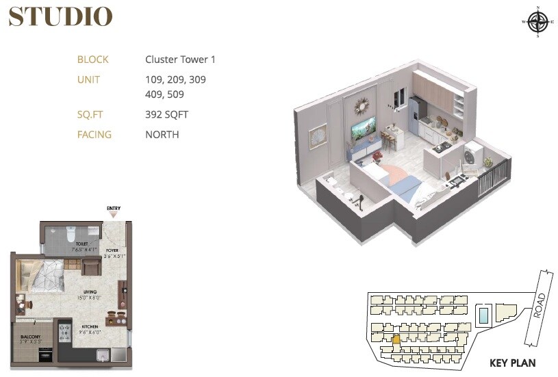Floor plan of 392 Sq. Ft. Studio in Vijay Raja VRX Fete, Chennai