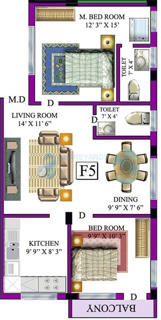 Floor plan of 2 BHK 1036 Sq. Ft. Apartment in Vijay Saras Builders Private Limited Swarnabhoomi, Chennai