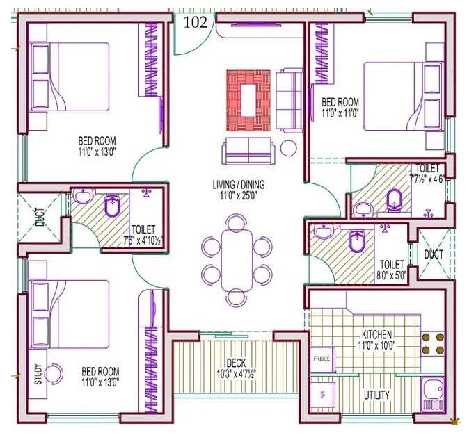 Floor plan of 3 BHK 1185 Sq. Ft. Apartment in Vikaan Hayagriva Apartments, Chennai
