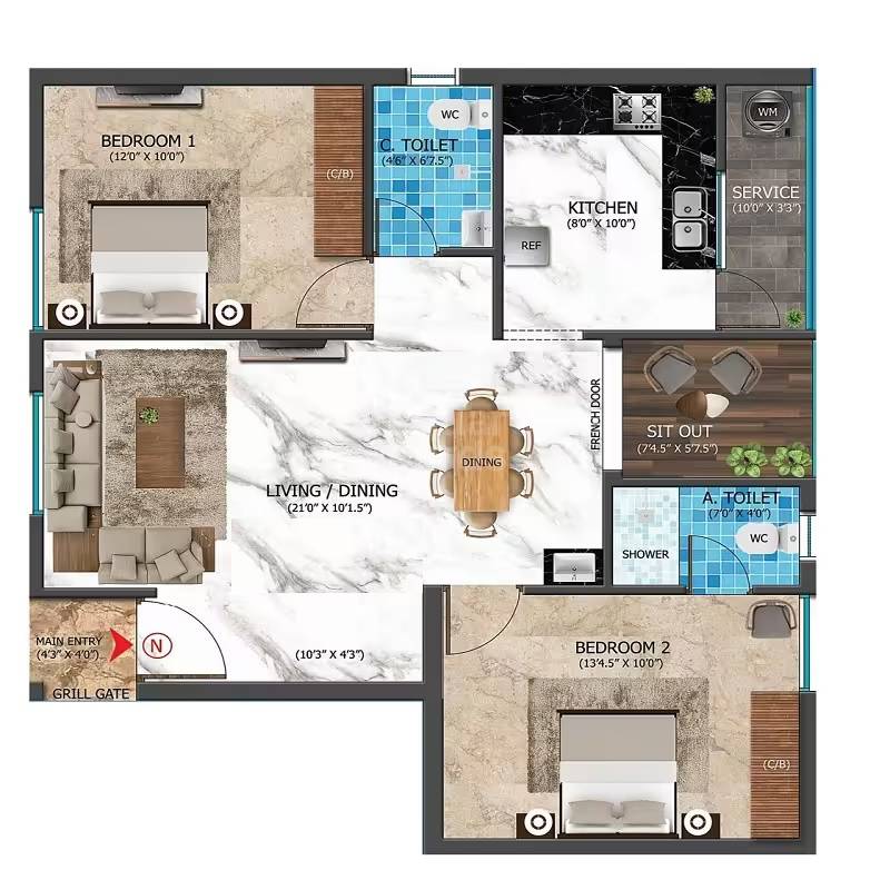 Floor plan of 2 BHK 756 Sq. Ft. Apartment in Vinayaggas Sai Nandana, Chennai