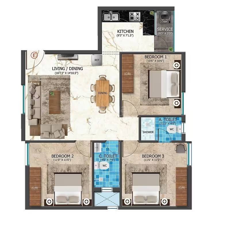 Floor plan of 3 BHK 780 Sq. Ft. Apartment in Vinayaggas Sai Nandana, Chennai