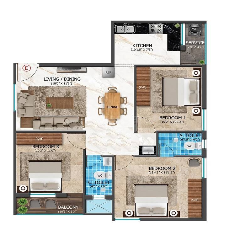 3 BHK 825 Sq. Ft. Apartment