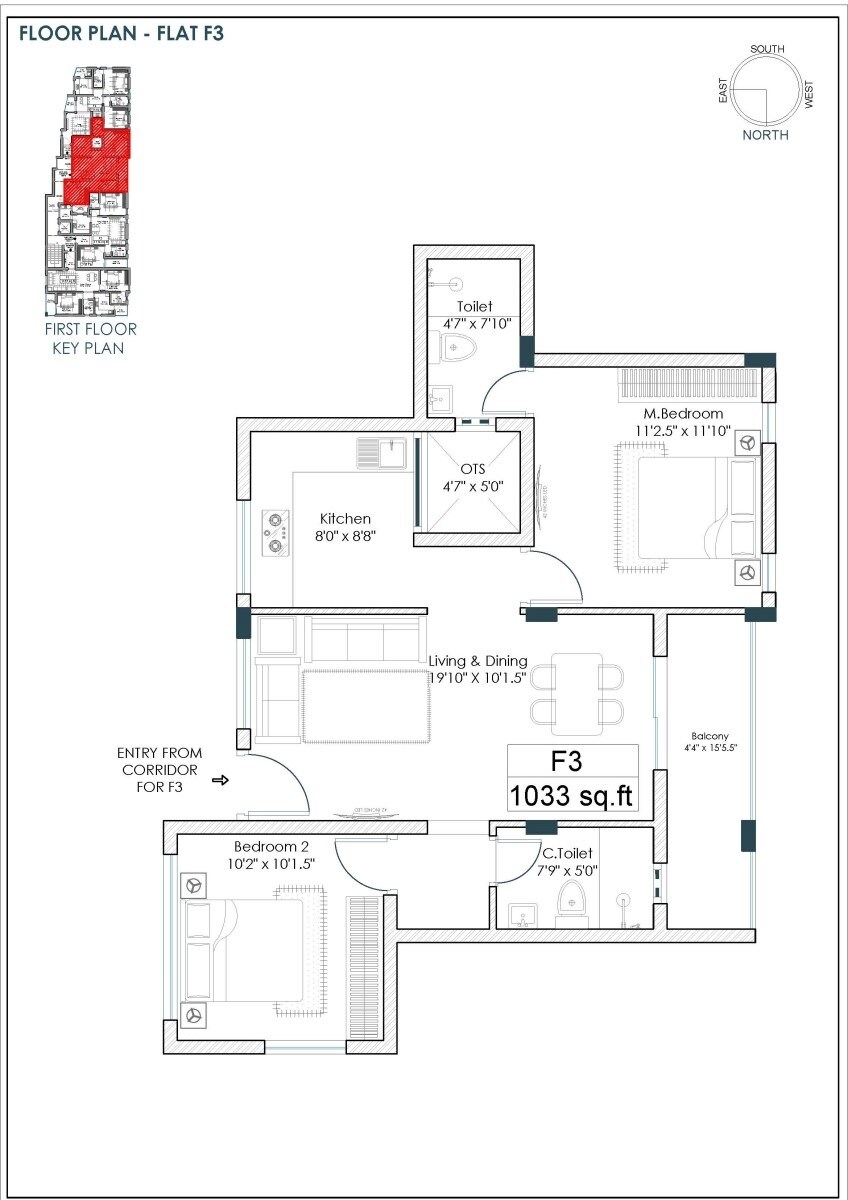 Floor plan of 2 BHK 1033 Sq. Ft. Apartment in Vinoth Venya, Chennai