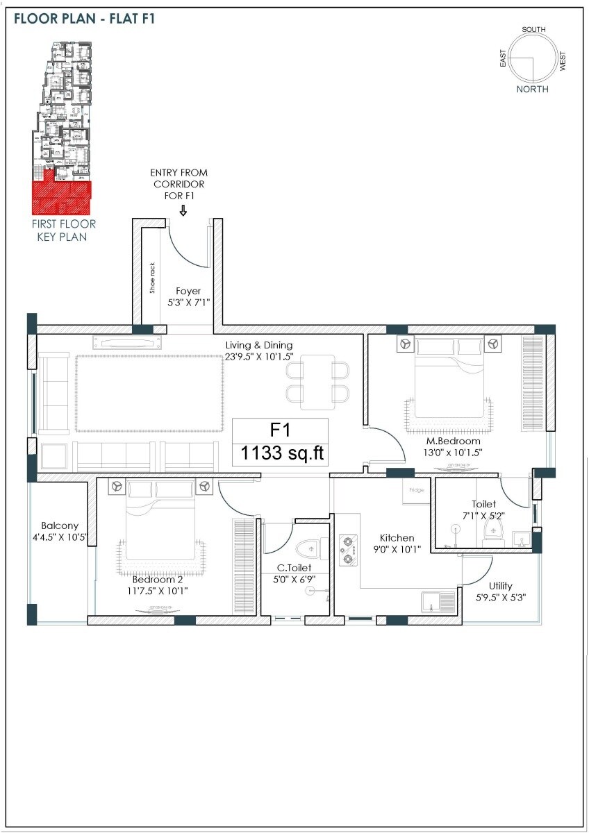 Floor plan of 2 BHK 1133 Sq. Ft. Apartment in Vinoth Venya, Chennai