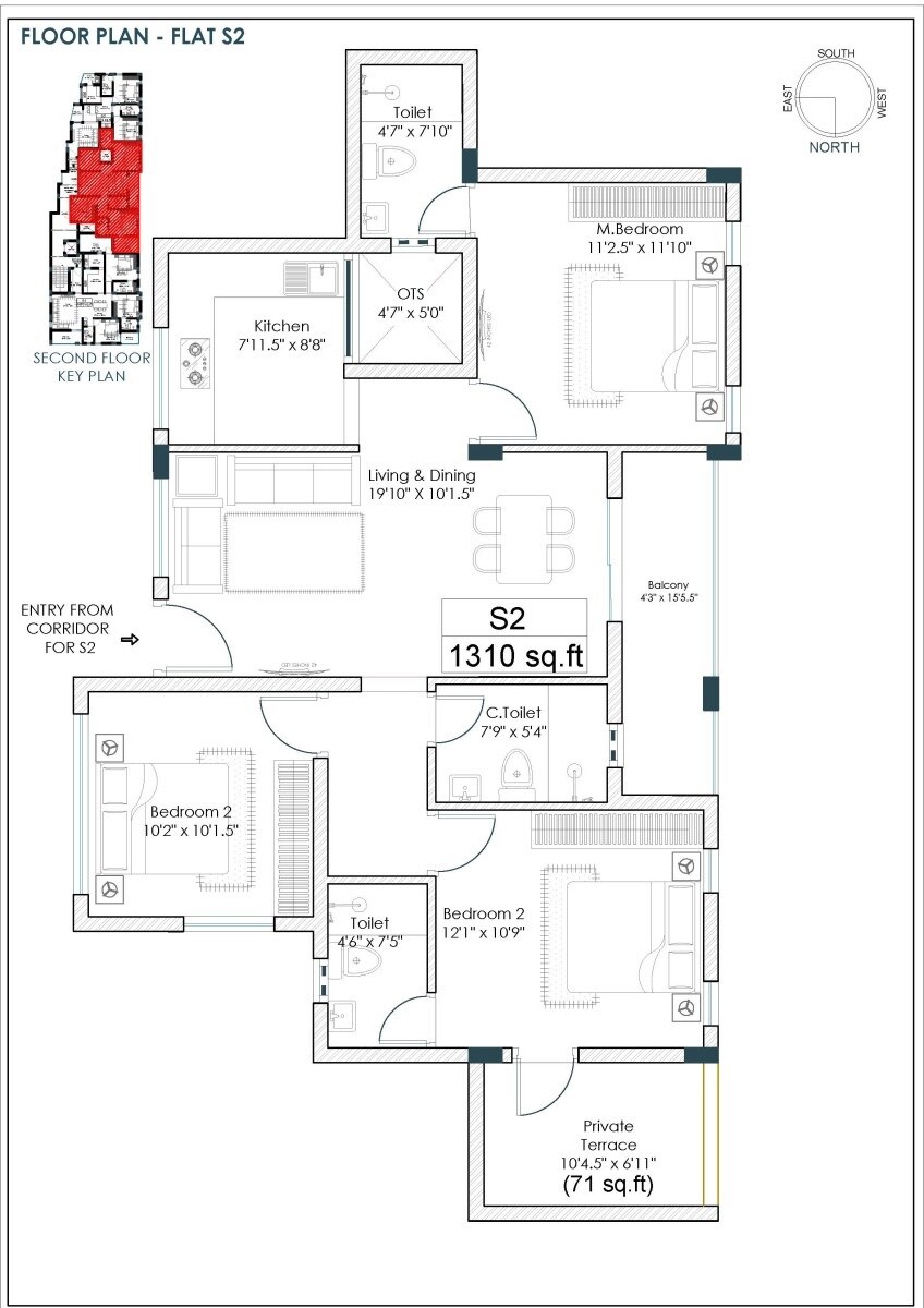 Floor plan of 3 BHK 1310 Sq. Ft. Apartment in Vinoth Venya, Chennai