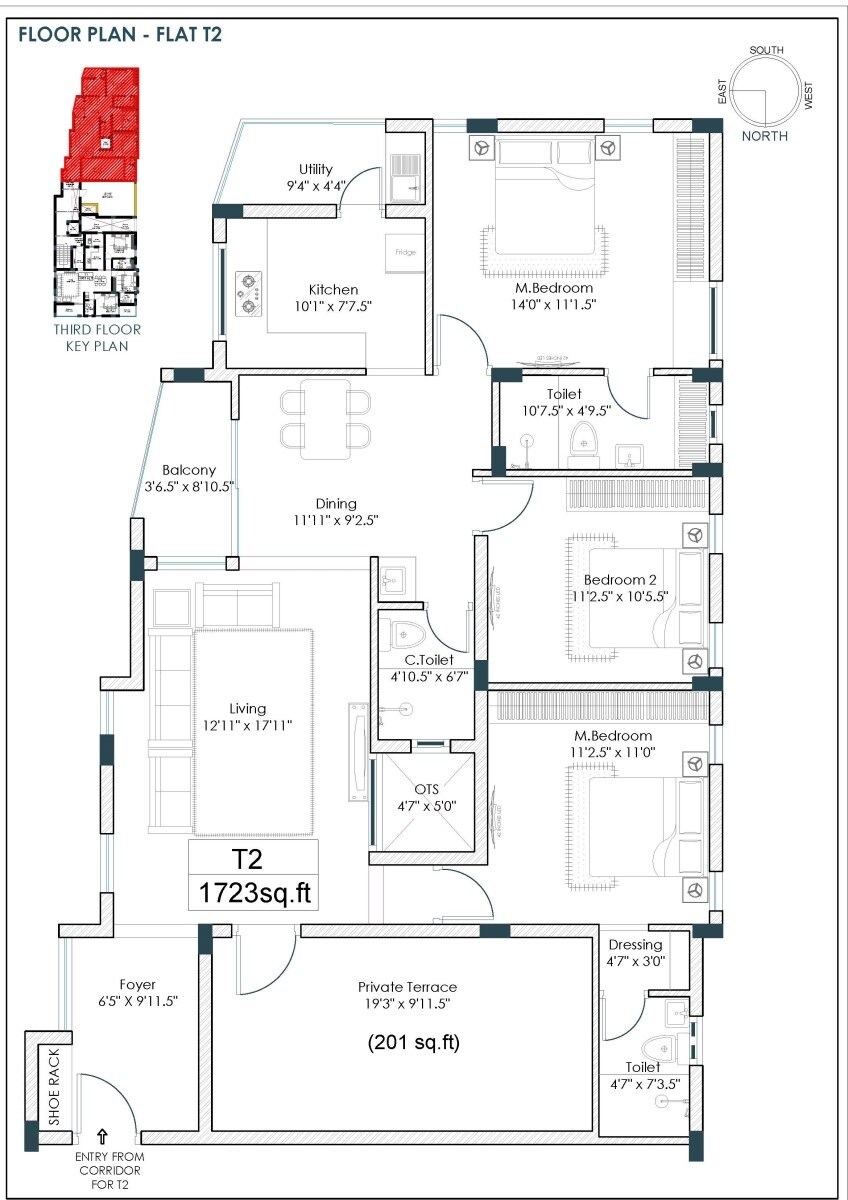 Floor plan of 3 BHK 1723 Sq. Ft. Apartment in Vinoth Venya, Chennai