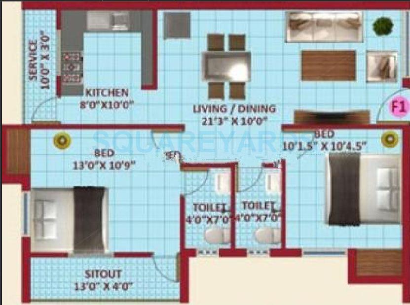 Floor plan of 2 BHK 1024 Sq. Ft. Apartment in VIP Skc Enclave, Chennai
