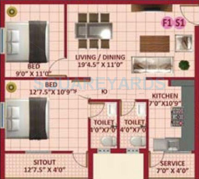 Floor plan of 2 BHK 1030 Sq. Ft. Apartment in VIP Skc Enclave, Chennai