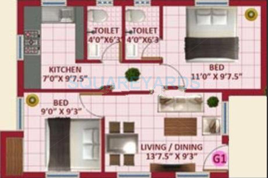 Floor plan of 2 BHK 699 Sq. Ft. Apartment in VIP Skc Enclave, Chennai