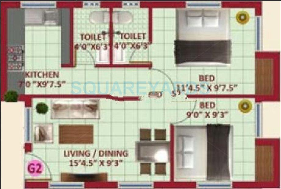 Floor plan of 2 BHK 734 Sq. Ft. Apartment in VIP Skc Enclave, Chennai