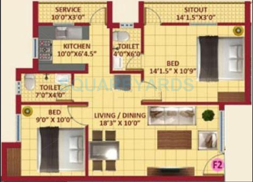 Floor plan of 2 BHK 941 Sq. Ft. Apartment in VIP Skc Enclave, Chennai