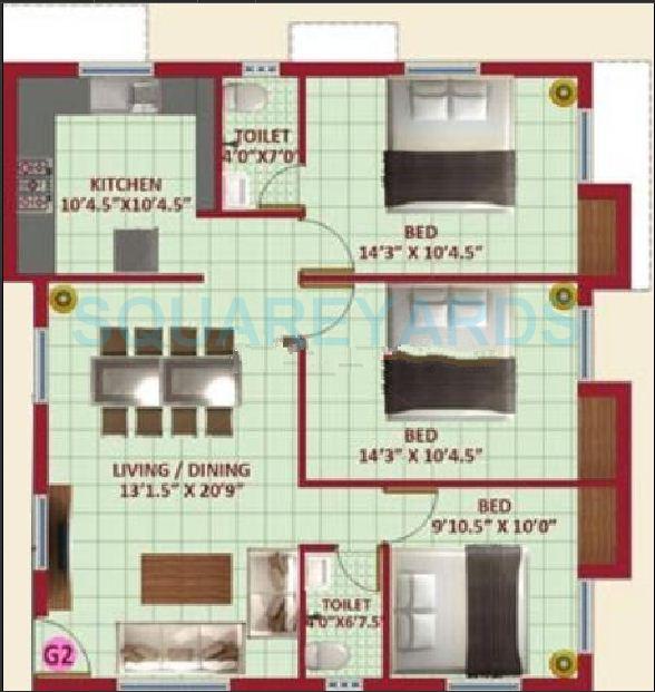 Floor plan of 3 BHK 1247 Sq. Ft. Apartment in VIP Skc Enclave, Chennai