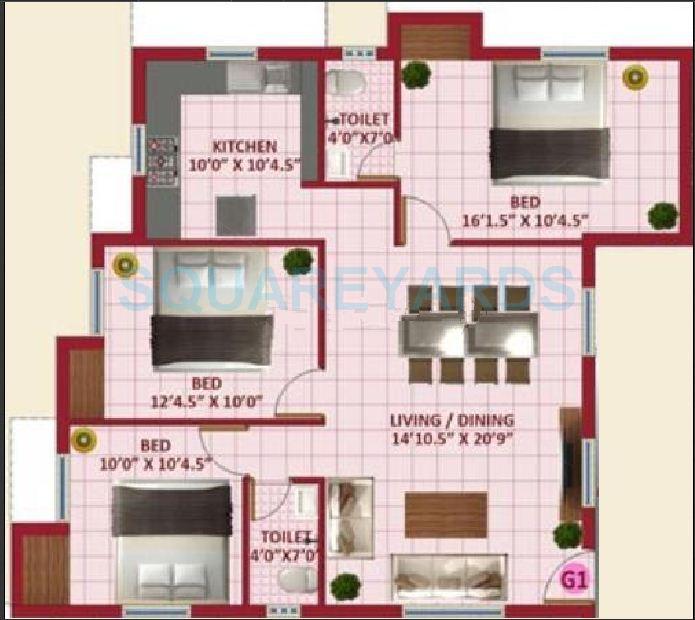 Floor plan of 3 BHK 1299 Sq. Ft. Apartment in VIP Skc Enclave, Chennai