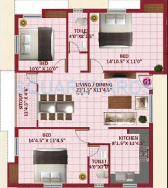 Floor plan of 3 BHK 1373 Sq. Ft. Apartment in VIP Skc Enclave, Chennai