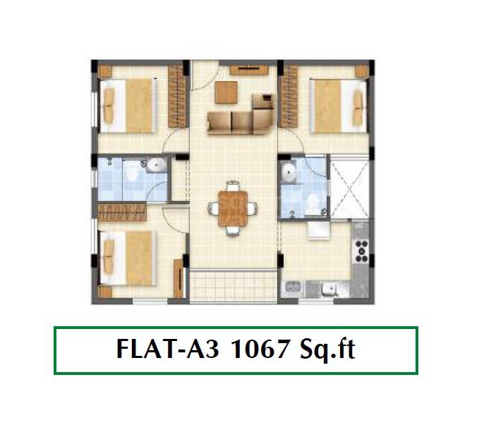 Floor plan of 3 BHK 1067 Sq. Ft. Apartment in Vishram Nest, Chennai