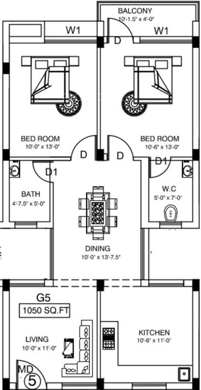 Floor plan of 2 BHK 1050 Sq. Ft. Apartment in Vishram Oasis, Chennai