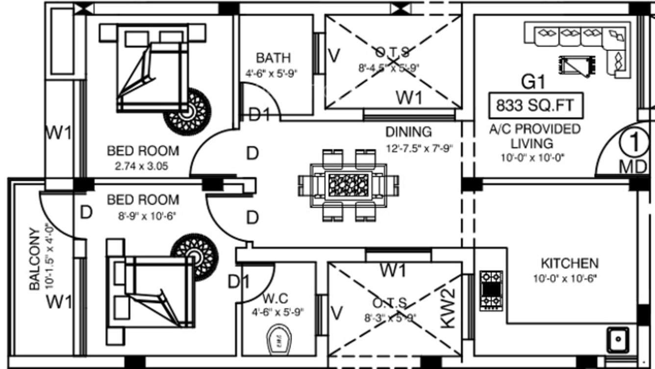 Floor plan of 2 BHK 833 Sq. Ft. Apartment in Vishram Oasis, Chennai