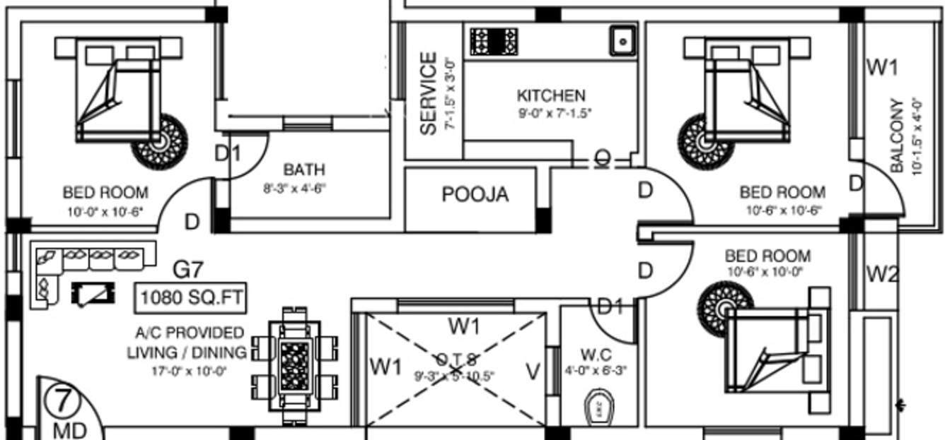 Floor plan of 3 BHK 1080 Sq. Ft. Apartment in Vishram Oasis, Chennai