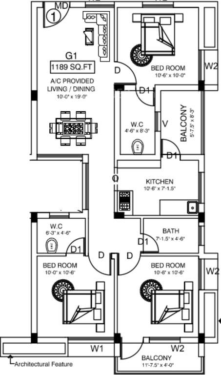 Floor plan of 3 BHK 1189 Sq. Ft. Apartment in Vishram Oasis, Chennai